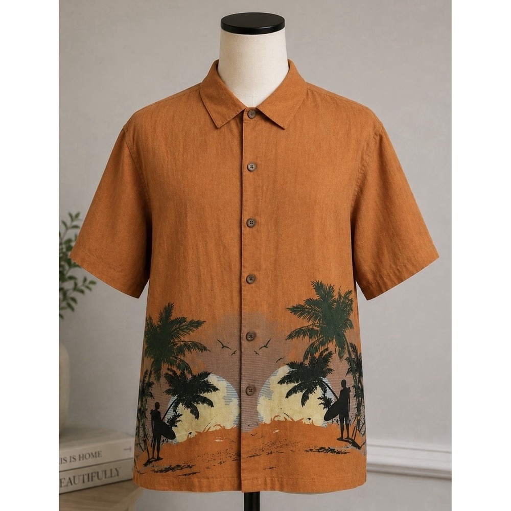 ISLAND REPUBLIC Men's Hawaiian Shirt 100% Silk, Size Large Short Sleeve Bahama